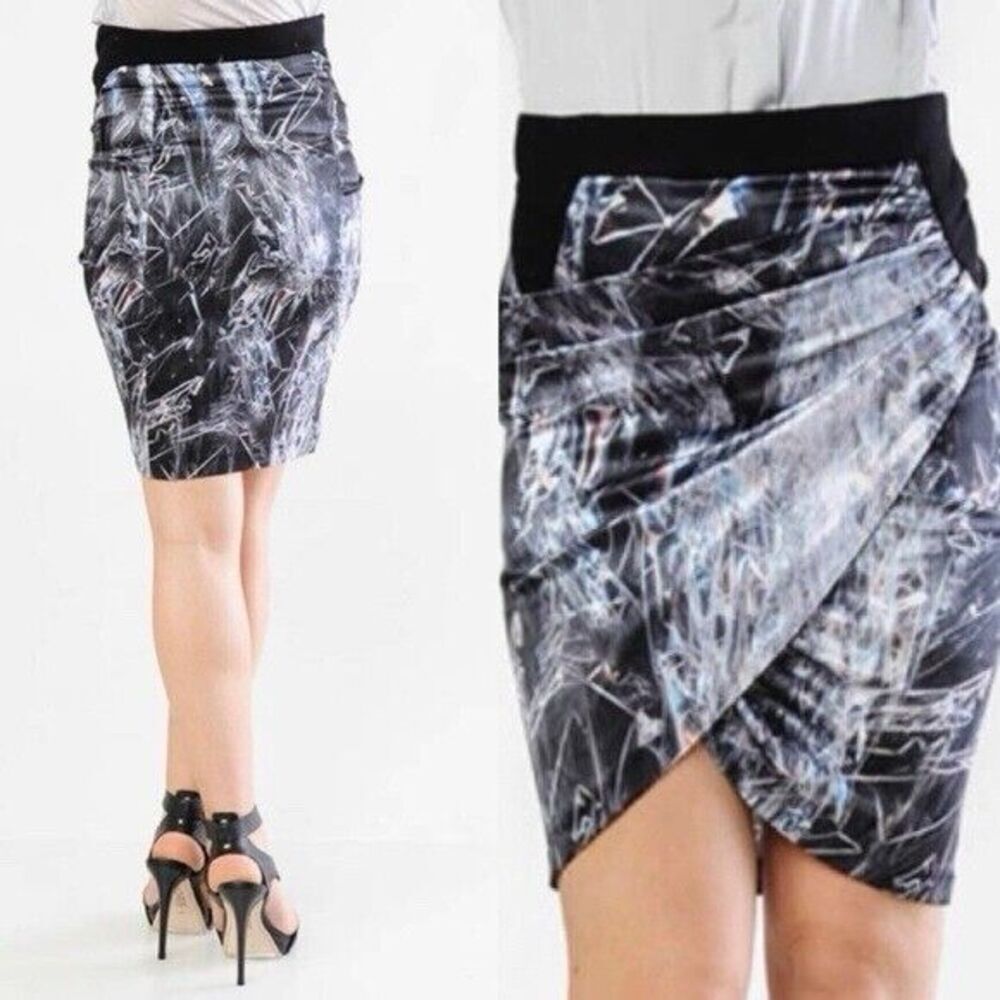 Helmut Lang SILK Cellophane Print Faux Tulip Hem Wrap Skirt Black Silver 4 NWT‎